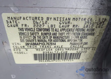 2012 Nissan Sentra 2.0 S z USA, uszkodzony, nr VIN 3N1AB6AP1CL757514